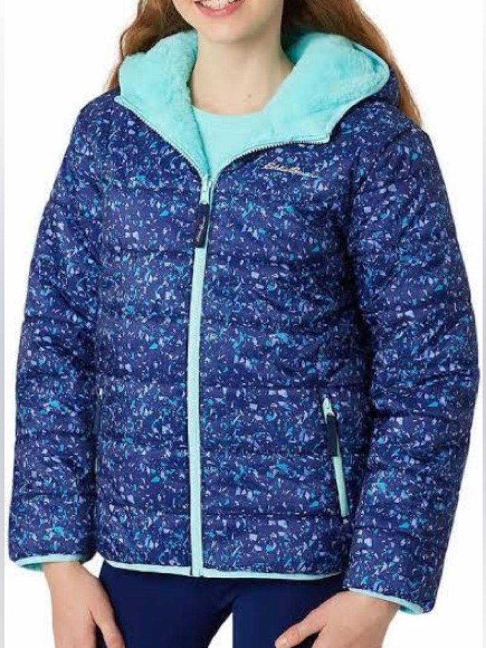 Eddie Bauer Hoodie‎ Jacket Girls Large 14/16 Blue Reversible Fleece Splatter